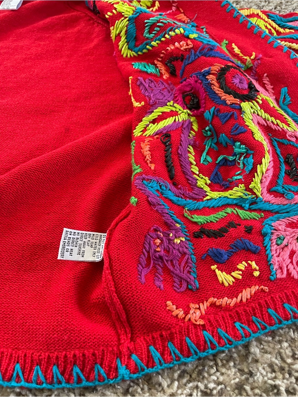 Vintage Michael Simon Red Cardigan with Turquoise Trim and Multicolor Embroidery - Picture 9 of 9